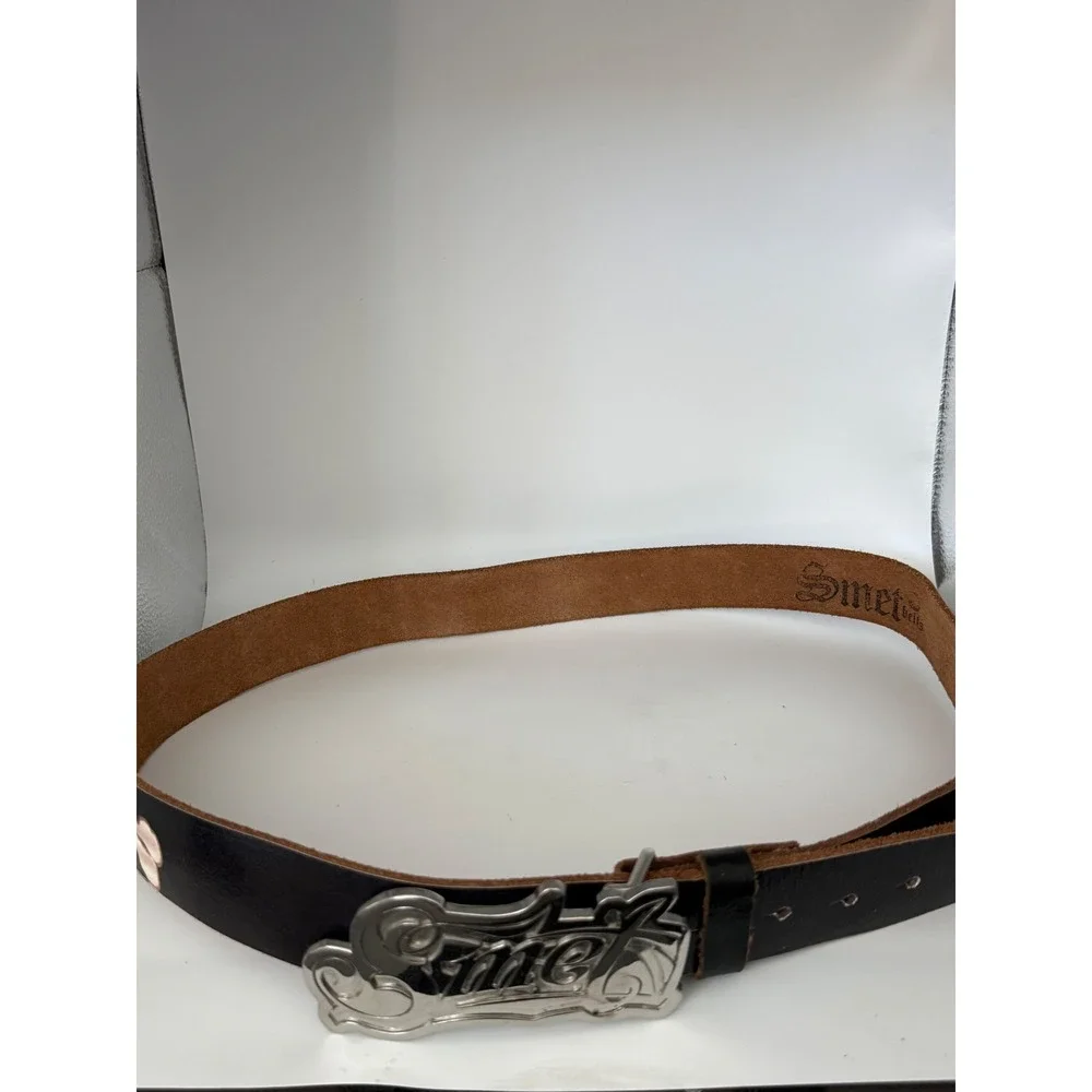 Smet Christian Audigier Leather Belt Skull Crossbones Studded Silver Buckle L